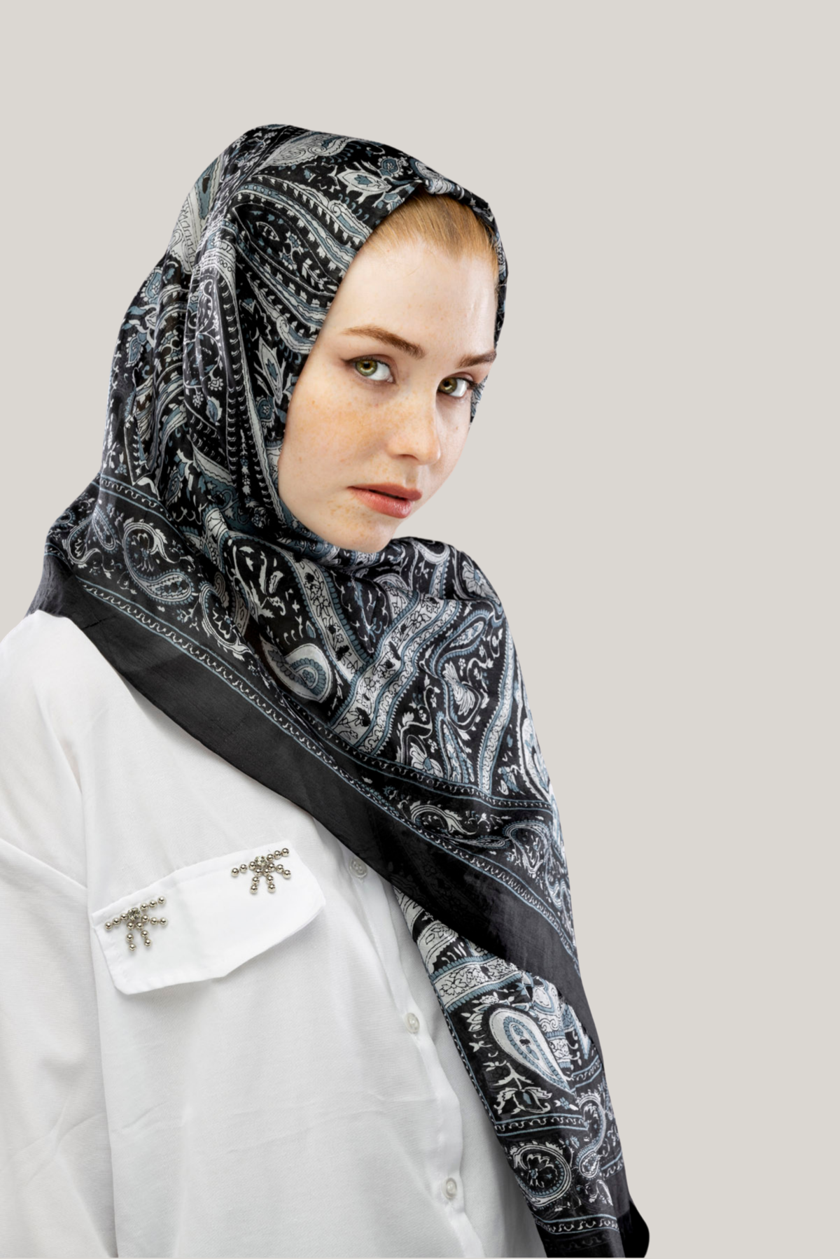 Onyx Etnik Desenli Hint İpek Şal