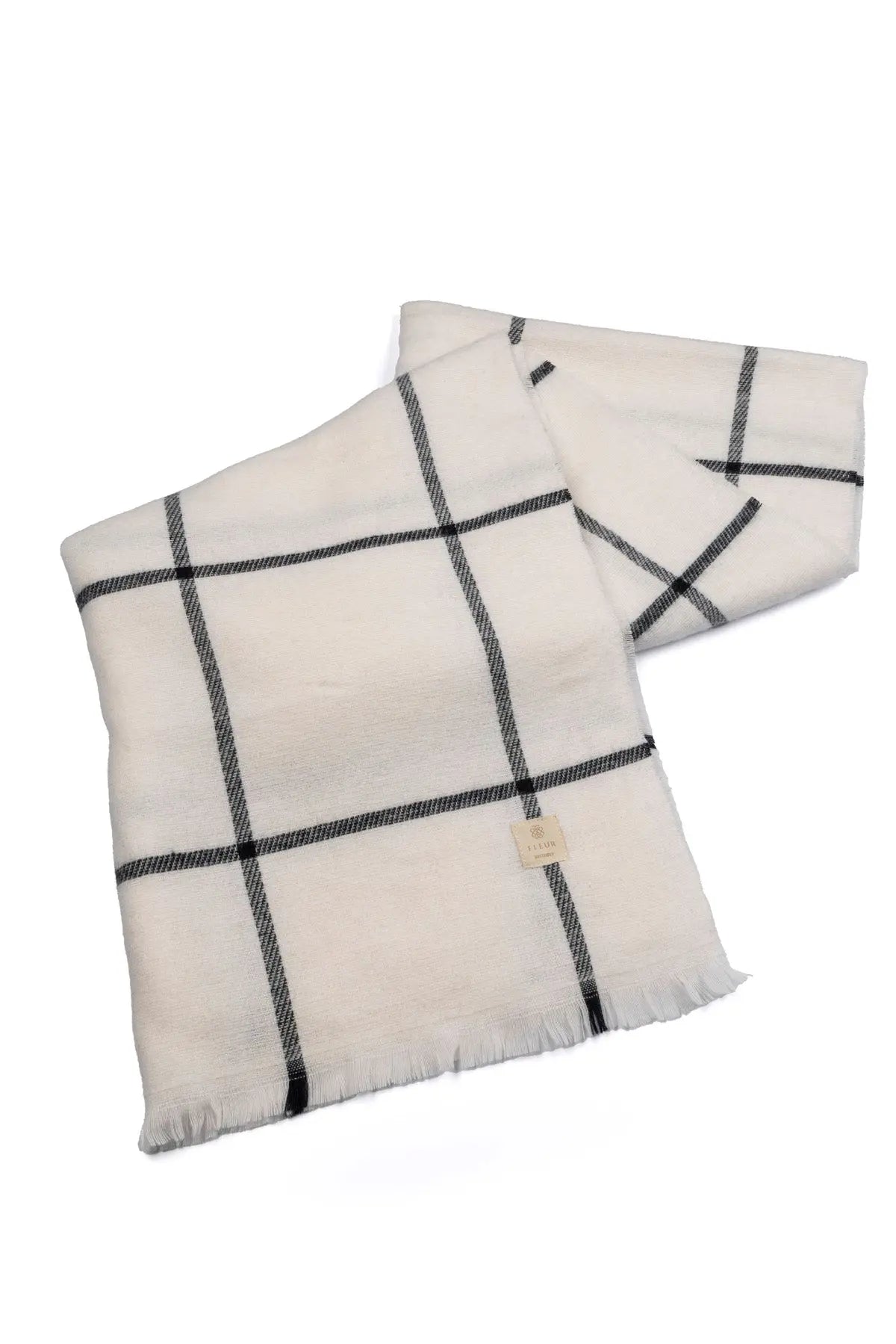 Ekose Desen İnce Şerit Atkı Beyaz Fleur