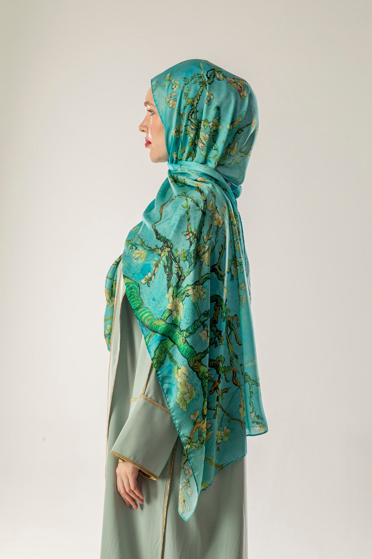 Almonde Pastel Turkuaz İpek Vual Şal