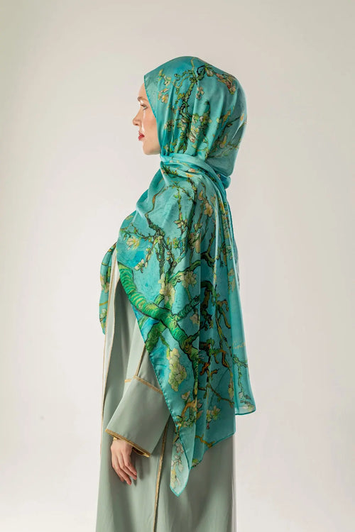 Almonde Pastel Turkuaz İpek Vual Şal Fleur